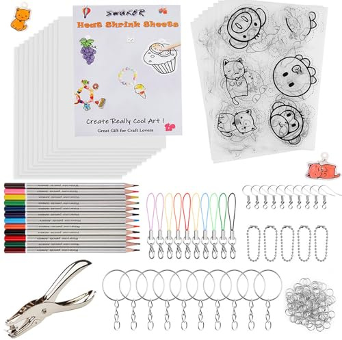 SWAKER 166 Pcs Shrinky Plastic Sheets Keychain Kit Includes 18 Pcs Shrink Art Paper, Hole Punch, Keychains & Pencils for Crafts and DIY Keychains Making Mother Day Ornament