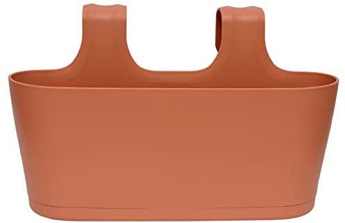 Engelland 1 x Blumenkasten zum Auf-Hängen, Farbe: Rotbraun, Blumentopf, oval, Balkon, Übertopf, Pflanzkasten, mit Wasserspeicher/Wasserauffangschale