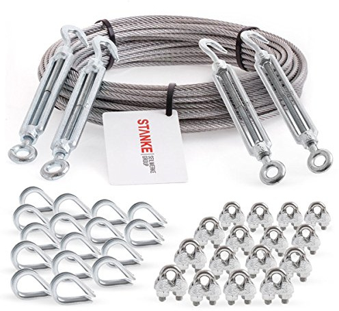 Seilwerk STANKE cuerda de acero inoxidable V4A, 15m cuerda de acero inox 3mm 7x7, 4x tensor gancho-ojo M5 galvanizado, 16x guardacabo V4A, 16x abrazadera V4A - SET 6
