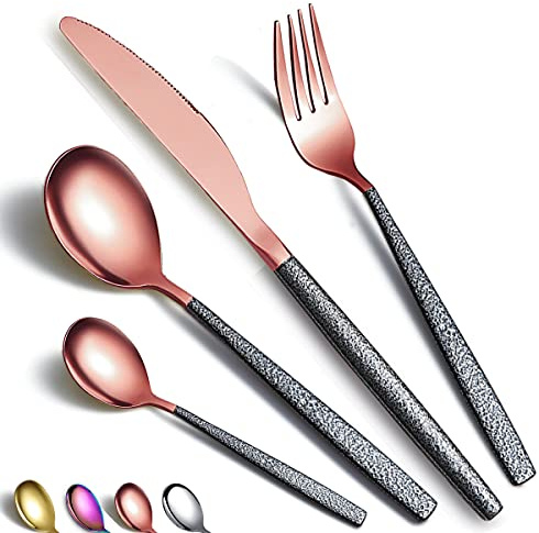 HOMQUEN Besteck Set 24 Stück Roségold Kopfbeschichtung mit Schwarzem Marsgriff, Edelstahl Kupfer Titanbeschichtung Messer Löffel Gabeln Besteck Set Utensilien Set Besteck Set Service für 6