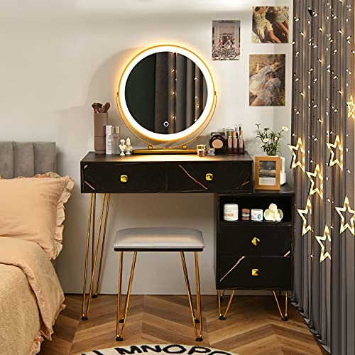 CHARMAID Vanity Desk with Reversible Side Cabinet, Makeup Vanity Table with Lighted Mirror, 3 Color Lights, 4 Drawers, Bedroom Dressing Table with Nightstand and Stool, Marble Black