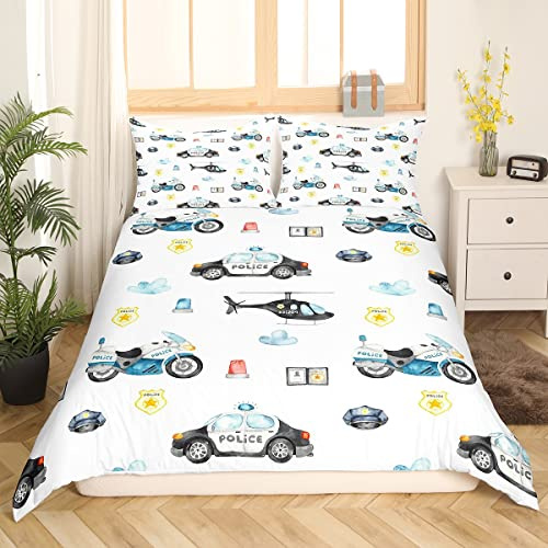 Sunnybed Polizei-Helikopter-Bettwäsche, 135 x 200 Jungen-Motorrad-Set für Kinder, Teenager - Aquarell-Polizist, Fahrzeug, Auto