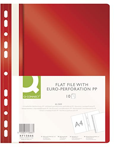 Q-CONNECT KF15666 Plastik Schnellhefter A4 Rot/ 10 Stück/Sichthefter Plastikhefter Kunststoff/Gelochte Hefter mit Beschriftungsstreifen/mit Transparentem Deckel/mit Lochung/Eurolochung