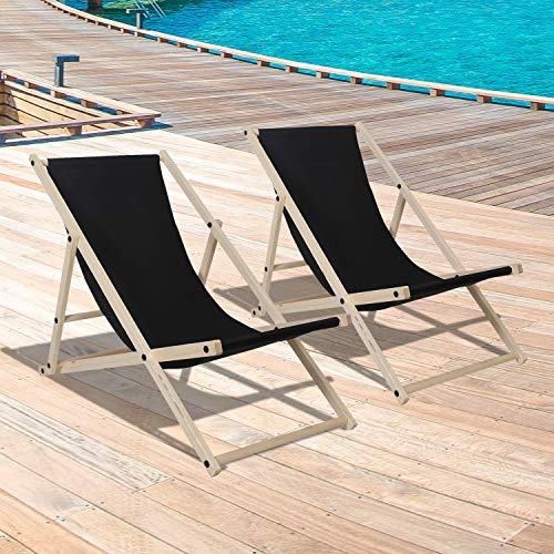 Cecaylie Liegestuhl Klappbar aus Holz 2er Set, Gartenliege aus Holz, Sonnenliege Faltliege, abnehmbar Campingstuhl, Verstellbar Strandliege Relaxliege Strandstuhl, 120 kg max. (Schwarz)