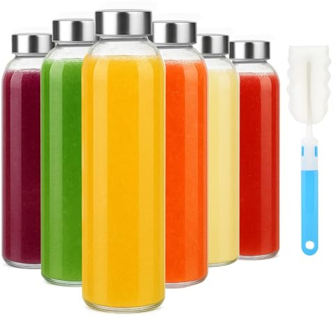 Sursip 18oz Glass Water Bottle Set of 6, Clear glass juice bottle for juicing，Reusable Drinking Bottles with Stainless Steel Lid，Beverage Storage Containers for Refrigerator-BPA Free，Leak Proof