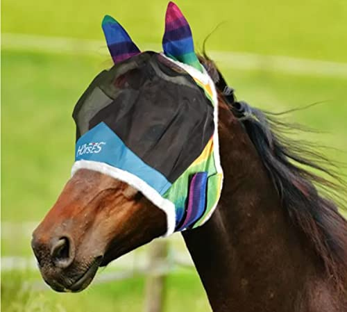 Horses, Fliegenohren Fly Shield Rainbow, Leichte und Atmungsaktive Fliegenmaske, Behindert Nicht das Sichtfeld des Pferdes, Augen und Gehörschutz (XL, Mehrfarbig)