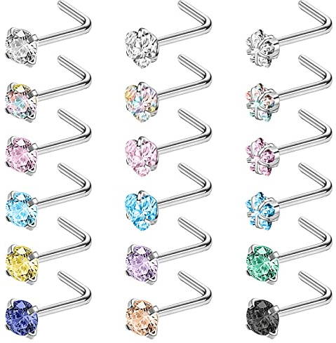 BodyAce 18pcs Stainless Steel Nose Studs Rings, 20 Gauge L Shaped Nostril Stud Nose Rings for Women, Mix Colors 3mm Diamond CZ Nose Piercing Jewellery (B:L-Shaped)