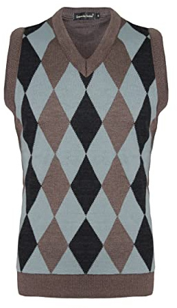 New Men Sleeveless Knitted V-Neck Argyle Pattern Jumper Top Sweater Vest with Ribbed Edge UK Size S M L XL[Mocha-Black,S ]