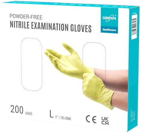 EUROPAPA® 200x Einweghandschuhe Nitrilhandschuhe puderfrei Untersuchungshandschuhe EN455 EN374 latexfrei Einmalhandschuhe Handschuhe in Gr. S, M, L & XL verfügbar (L, Gelb)