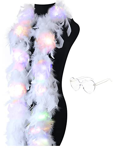 JIANGLAI Colorful Feather Boas, 6.6ft Boa with 20 Color LED Lights for Women for Dancing Wedding Party Halloween,with Heart Sunglasses (White)