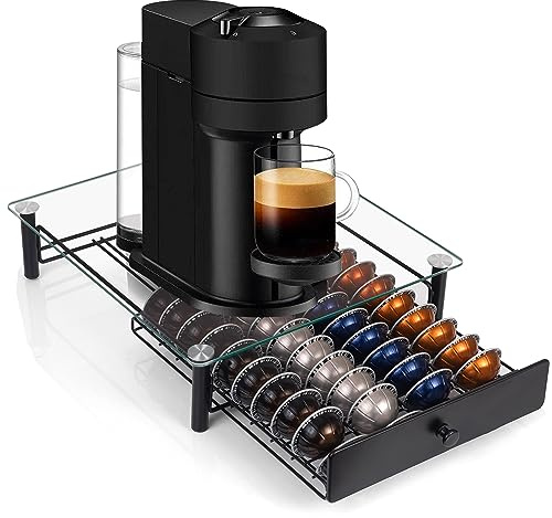 Eastsign Tempered Glass Coffee Pod Drawer, Nespresso Vertuo Capsule Holder Organizer for 40 Pods (1.35/2.7 oz), Under Coffee Maker Storage, Compatible with Vertuo Next/Plus, 14.76x12.99x3.5