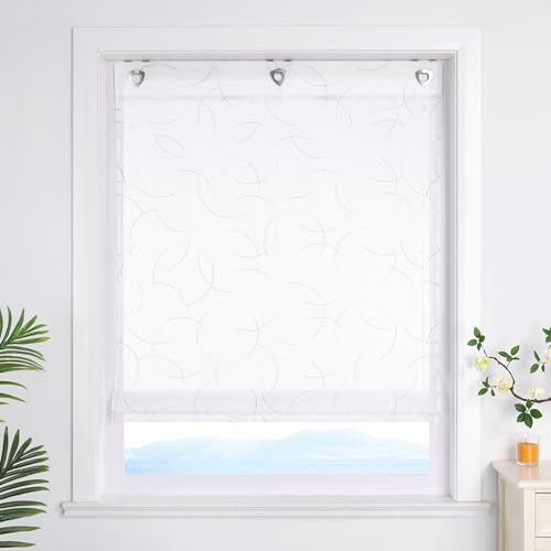 ESLIR Raffrollo ohne Bohren Weiß Raffgardine mit Ösen Transparent Gardinen für Fenster ohne Bohren Ösenrollo Modern Bestickt Grau BxH 120x140cm 1 Stück