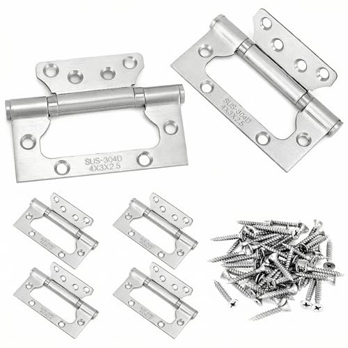QWORK® 6 pièces 10 cm charnières de porte affleurantes, acier inoxydable, charnières de porte avec vis, idéales pour armoire, placard, meubles