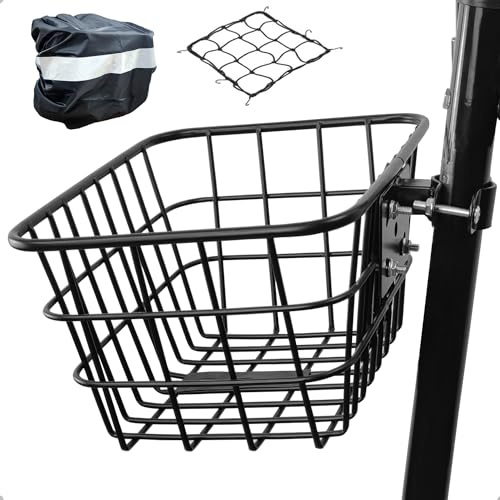 Mkuero Bike Basket with Cargo Net and Cover, Scooter Basket with Fixed Holder, Metal Electric Bicycle Basket for Jetson Electric Bicycle, Scooter, Knee Scooter and Electric Bicycle, Small, Black