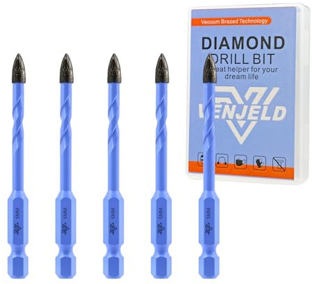VENJELD Set Punte Trapano Muratura - 5mm 5 Pezzi Trapano al Carburo per Legno Plastica Piastrelle di ceramica Calcestruzzo Marmo - Attacco Esagonale a Cambio Rapido con Custodia