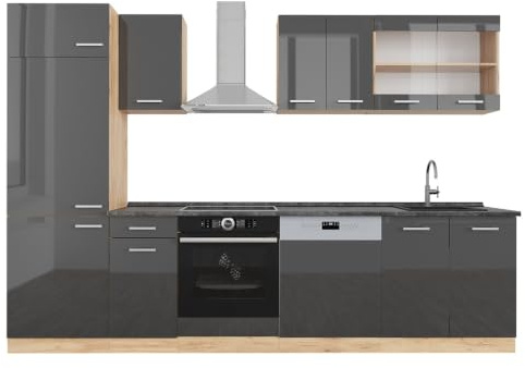 Vicco Küchenzeile R-Line, Anthrazit Hochglanz/Goldkraft Eiche, 300 cm | 8 Module · Höhenverstellbare Füße · AP Anthrazit inkl. · Robuste Fronten · Mit Kühlschrankumbauschrank