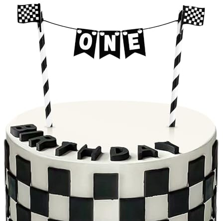 Rennauto-Kuchenaufsatz, Schwarz-Weiß Kariert Cars Geburtstagsdeko Torte Banner Schnell Eins Geburtstagsparty-Dekorationen für Jungen Mädchen Rennauto Thema, Party Zubehör