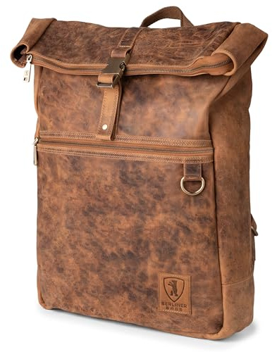 Berliner Bags Rolltop Rucksack Utrecht Vintage, Lederrucksack - Braun | Fahrradrucksack & Rolltop-Rucksack, 17 Zoll Laptopfach für Damen und Herren, YKK-Reißverschluss, Geheimfach & Innentasche