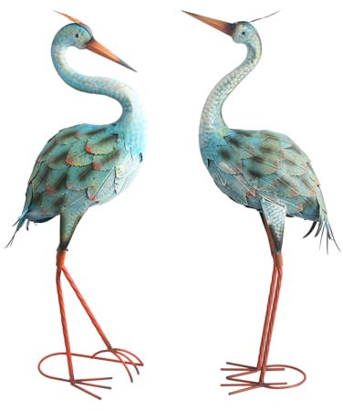QNGCOLRCY 2pcs Crane Garden Statues, Metal Crane Outdoor, Blue Heron Sculpture Metal Yard Art, Large Garden Heron Lawn Ornaments for Backyard Pond Patio Porch Outside Decorations