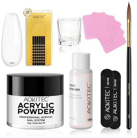 Aokitec Kit Uñas Acrilicas, 30g de Polvo Acrílico con Monomero Acrilico de Uñas Accesorios para Uñas, Portable Mini Acrilico para Uñas, Set Uñas Acrilicas, Regalo Mujer, Color Claro