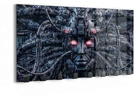 DEQORI Wandgarderobe Glas & Metall | Motiv Techno-Synthese | 60x30 cm | Design Haken-Leiste modern | Garderoben-Paneel für Flur, Wohnzimmer & Schlafzimmer | magnetisch & beschreibbar