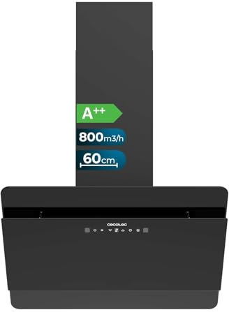Cecotec Campana Extractora Decorativa 60cm - Bolero Flux DT 608000 Glass Black A++. Motor 210W, Bajo Consumo, Succión 800m3/h, Control Táctil, 3 Niveles + Booster, Hand Movement Control, Vidrio Negro