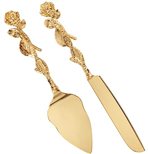 Fyeme 2 stycken tårtknivar, set, guld, vintage, graverade rosor, tårtspade inklusive kakknivar och server, zinklegering, tårtkniv, bröllop, för bröllop, jubileum, fest (rosor)