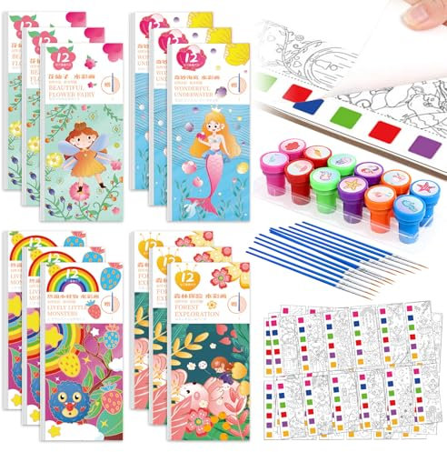 KERANEET 12 Stück Wasserfarben Malbuch Malbuch mit Wasserfarben Aquarell Malbuch Kinder Kindergeburtstag Gastgeschenke für lange Autofahrten Eltern Kind Interaktion und Kinderfeste