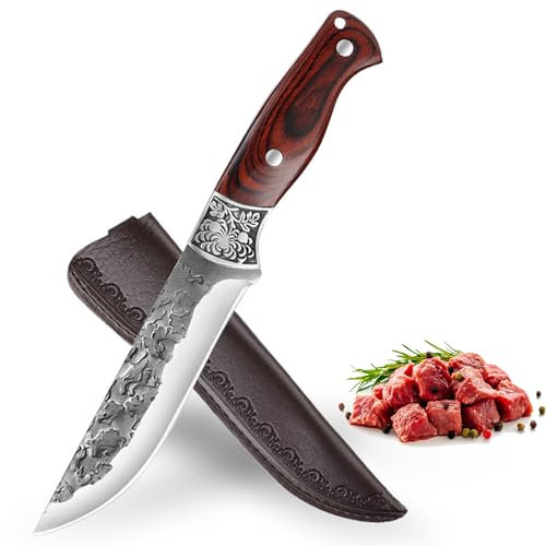 Fubinaty Chef's Knife 6 Inch Japanese Handmade Forged Slicing Knife High Carbon Steel Cooking Knife Full Tang Kitchen Knives with Wooden Handle and Sheath for Home, Grill