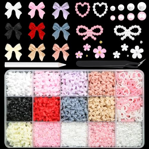 1000PCS Nail Charms Set, ATIMORY 3D Bows Heart Butterfly Charms in 9 Colors for Nails Assorted Nail Art Charms Flatback Pearl Beads Mix Style with Tweezer Pickup Pencil
