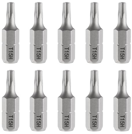 sourcing map Lot de 10 embouts de tournevis Torx T15H 6,35 mm Tige hexagonale 25 mm de longueur Étoile magnétique 6 points Embouts hexagonaux en acier S2 avec trou pour tournevis électrique à