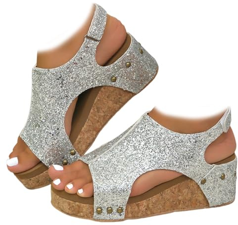 Whimsyard Dam Läder Kilklack Ortopediska Sandaler, Bred Bredd Plattform Kilklack Sandaler,Dam Öppen Tå Spännen Ankelrem Sommar Plattform Wed ge Sandaler (Paillette Silver,5)