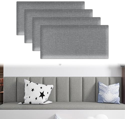 KAHCOP 4 Stück Wandpaneele gepolstert, Baumwolle und Leinen Wandkissen 40x20 cm, Einfache Montage ohne Bohren, Reduziert Schall und Verbessert Akustik, Pflegeleicht (Hellgrau)