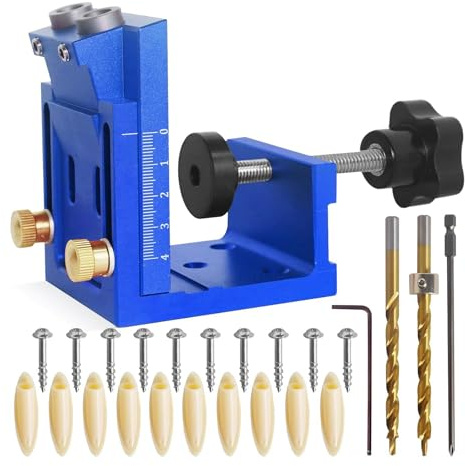 Pocket Hole Jig Kit Adjustable 15° Drill Guide 2 Bits | Metal Woodworking Joinery Tool, Inclined Hole Positioner, for Cabinets & Furniture, Quick Setup, Strong Durable
