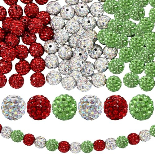 PONABEADIY 1 Box 90 Stück 10mm Rot Grün Silberfarbene Strass Diskokugel Perlen Mit Löchern Diamant Kristall Weihnachten Glänzende Tonpflaster Perlen Runde Lose Polymer Perlen Für Die Schmuckherstellu