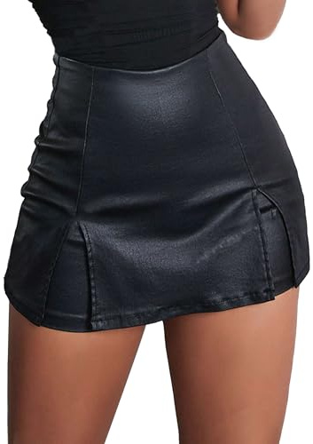 Benfoly PU Leather Shorts for Women High Waisted Split Hem Mini Skort Bodycon Skirts, Black, M