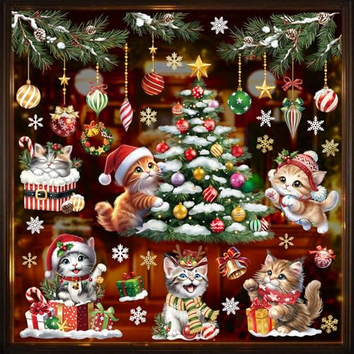 wondever 3D Cats Christmas Tree Window Clings Xmas Tree Snowflake Glass Sticker Decal Anti Collision Double-Side Static Window Decals for Christmas Party