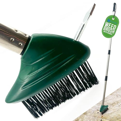 Vinklad ogräsborttagare verktygsborste långt handtag med inbyggt ogrässkrapverktyg, mossborttagare uteplats borste, metallborst för att ta bort mossa, perfekt för trädgård, uppfart och blockbeläggning