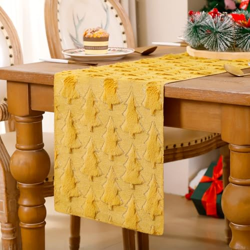 Weihnachten Tischläufer Gelb 33 x 183 cm Gold Bäume Weihnachts Tischband Modern Herbst Klein Tischdecke Weich Plüsch Samt Faux Pelz Küche Tisch Dekoration für Weihnachtliche Küche Xmas