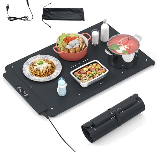 SOARS Chauffe Plat Electrique Pliable en Silicone (64 X 41 CM, Noir) | Plaque Chauffante avec Température Réglable à 3 Niveaux, Chauffage Rapide, Minuterie 1/3/5H, pour Fêtes, Buffets, Réunion