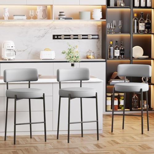 Ckaff Set di 3 Sgabelli da Bar, Sgabelli da Bar Alti in PU Pelle, Sedie da Cucina con Schienale e Poggiapiedi, Seduta alta 63,5cm per Bar, Caffè, Penisola della Cucina, Grigio