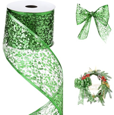 CAMAL Glitzer Mesh Ribbon 63mm x 9m Metallisches Draht Kanten Band, Luxuriöse Pailletten Dekoband Pailletten Glitzerband für Kränze, Schleifen, DIY-Bastelprojekte (Grün)