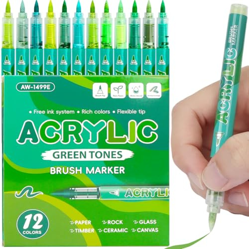 MOTIBACK 12 Acrylstifte für Steine Wasserfest, Acrylmarker Set mit Farbverlauf, Acrylic Paint Marker mit flexibler Spitze für Steine Bemalen, DIY Kunst auf Glas, Holz, Stoff