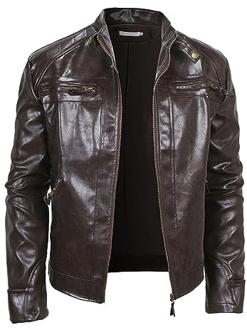 Motorcykeljacka herr läder, bikerjacka herr vintage läderjacka med dragkedja fickor pilotjacka varm fritidsjacka enfärgad vinterjacka med ståkrage vandringsjacka lätt vindjacka, kaffe, L