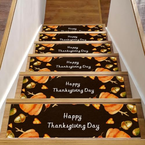 RODAILYCAY 15 tappeti per scale con zucca con scritta Thank Giving, antiscivolo, per gradini in legno, tappeti per scale per interni, tappetini di sicurezza per anziani, bambini e cani