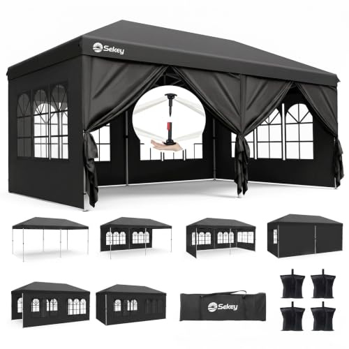 Sekey One-Touch Pop Up Pavillon 3x6m mit Seitenwänden, Faltpavillon Wasserdicht & Windfest, Inkl. 4 Gewichttaschen für Stabilität, Schnell aufgebaut, Robust für Camping, Event Serie 3x6, Schwarz