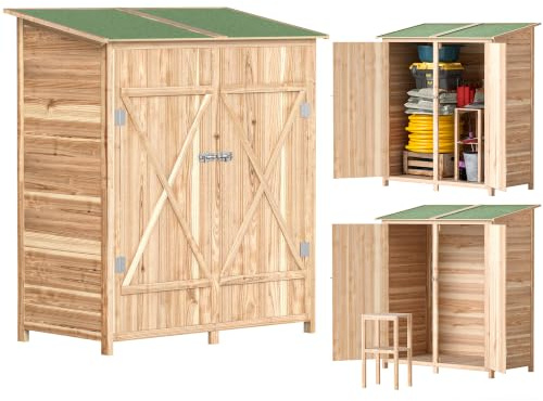 Outsunny Armoire de Jardin 2 Portes Verrouillables 140L x 75l x 157H cm | Cabane à Outils, Tabouret de Rangement, Toit en Bitume Imperméable, Bois de Sapin Pré-Huilé