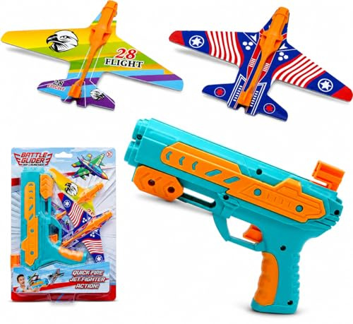 SRV Hub 3Pcs Airplane Launcher Toy for Kids – Foam Glider Plane with Turquoise Catapult Gun, Flying Planes – Outdoor & Indoor Shooting Game for Boys & Girls Age 3-12 – Birthday