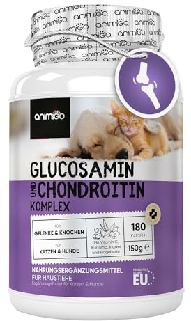 Glucosamine Chondroitin Complex - 180 kapslar för brosk, leder och ben - Ledkapslar för hundar och katter - Med gurkmeja, ingefära och C-vitamin - Alternativ till ledtabletter och pulver