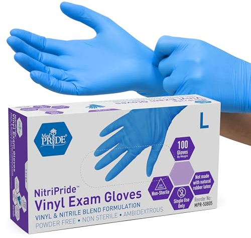 MED PRIDE Nitrile/Vinyl Blend Exam Gloves, Powder-Free, Latex-Free, Disposable, Non-Sterile, Blue, Large (Box of 100)